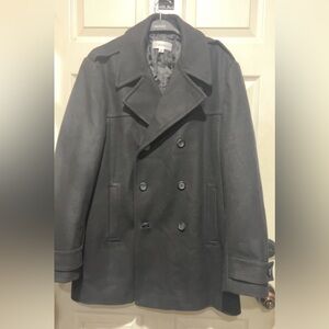 Calvin Klein men's black double-breasted wool-blend peacoat. 
with satin lining